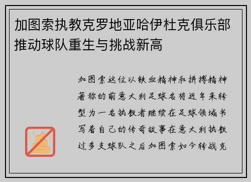加图索执教克罗地亚哈伊杜克俱乐部推动球队重生与挑战新高 加图索执教克罗地亚哈伊杜克俱乐部推动球队重生与挑战新高