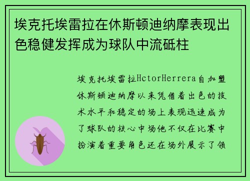 埃克托埃雷拉在休斯顿迪纳摩表现出色稳健发挥成为球队中流砥柱 埃克托埃雷拉在休斯顿迪纳摩表现出色稳健发挥成为球队中流砥柱